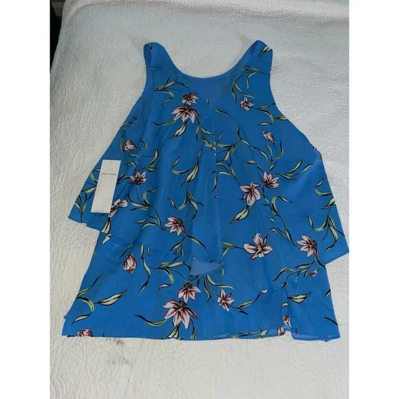 Floral Print Sleeveless Tiered Top Blue Flowy Blouse Casual Tank - Picture 2 of 6